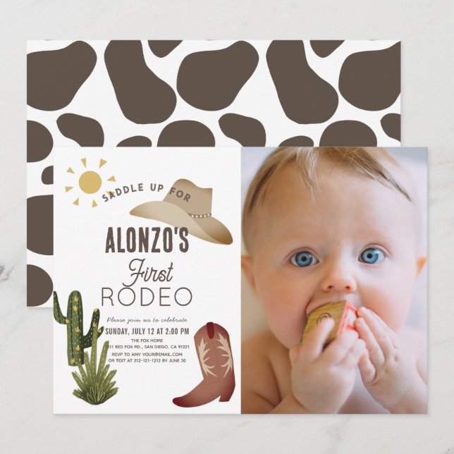 First Rodeo Cowboy Western Photo 1st Birthday Invitation (Front/Back)