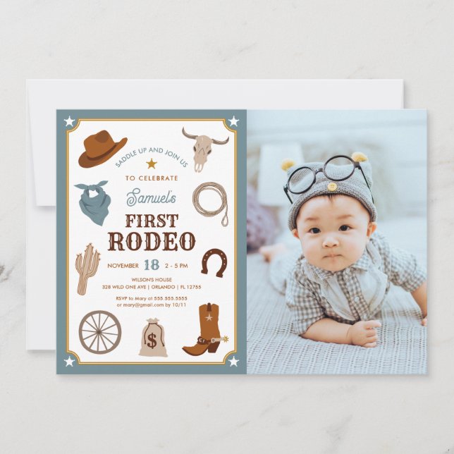 First Rodeo Cowboy Wild West First Birthday Photo Invitation (Front)