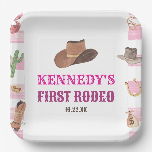 First Rodeo Cowgirl 1st First Birthday Party Paper Plate (Front)