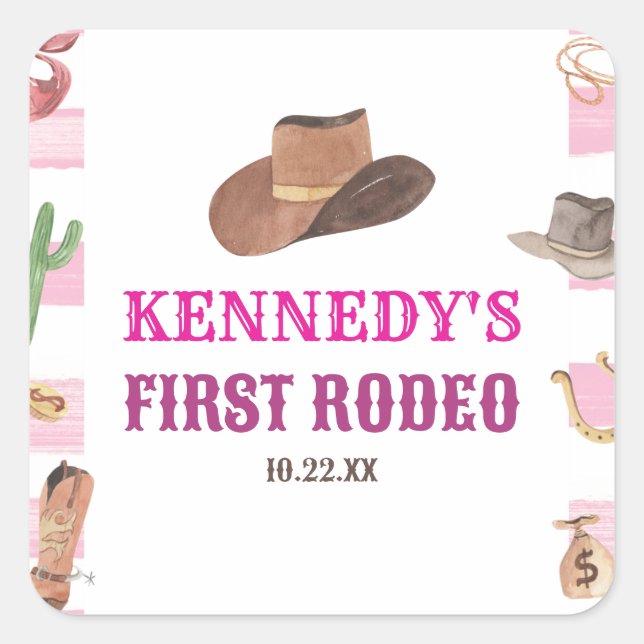 First Rodeo Cowgirl 1st First Birthday Party Square Sticker (Front)