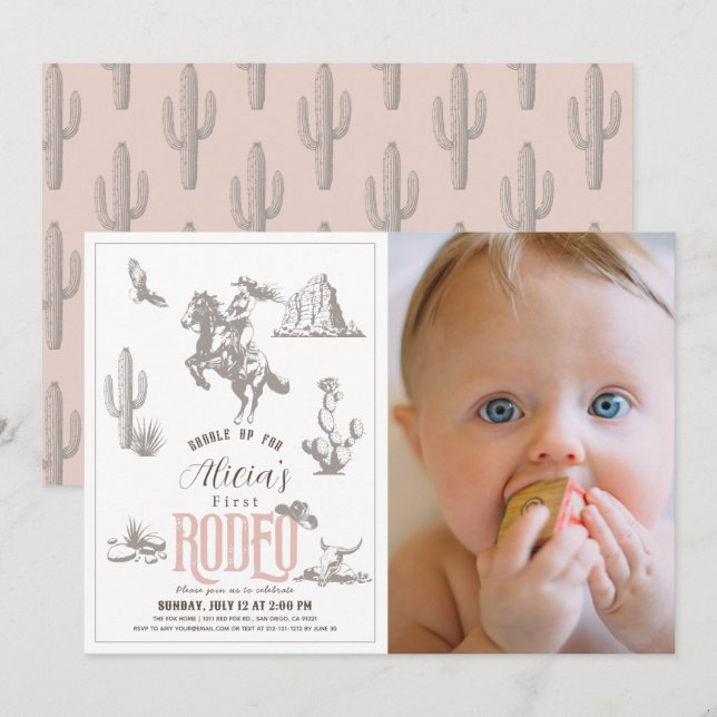 First Rodeo Cowgirl Pink 1st Birthday Photo Invitation (Front/Back)
