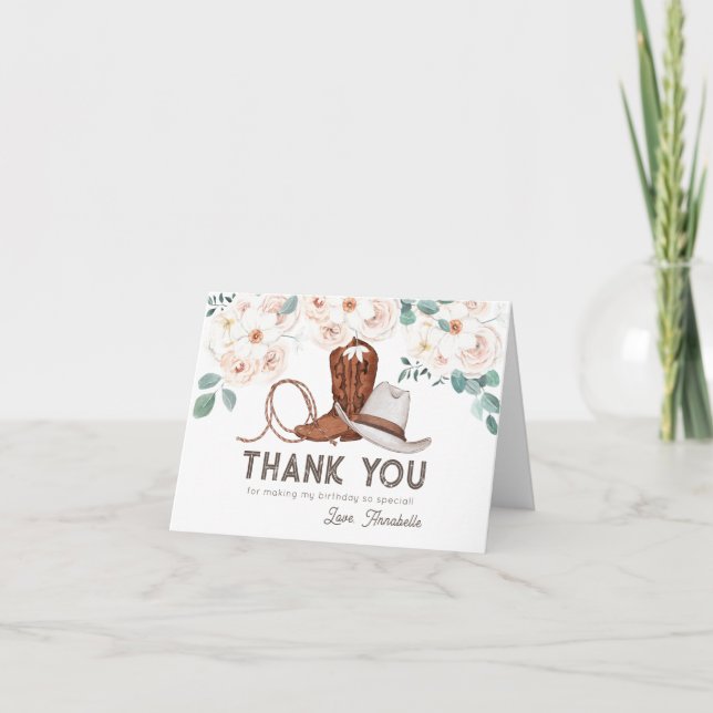 First Rodeo Cowgirl Western Floral 1st Birthday Thank You Card (Front)