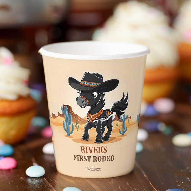 First Rodeo cute cowboy baby horse birthday party Paper Cups (First )