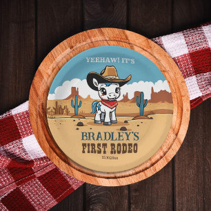 First Rodeo cute cowboy baby horse birthday party Paper Plate
