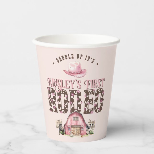 First Rodeo Cute Pink Personalised 1st Birthday Paper Cups (Front)