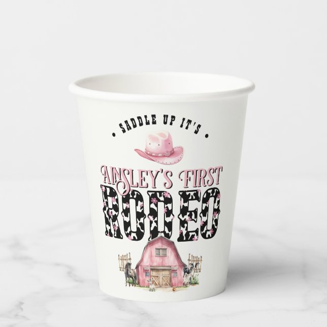 First Rodeo Cute Pink Personalised 1st Birthday Paper Cups (Front)