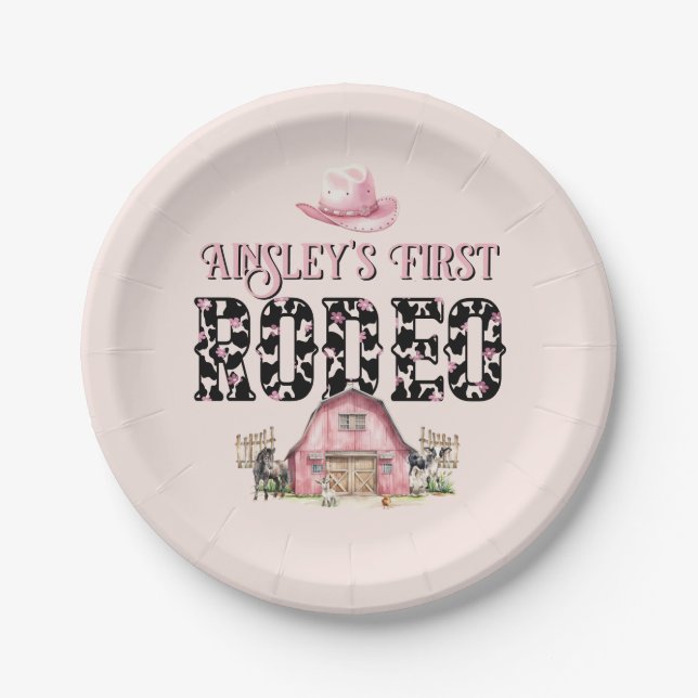 First Rodeo Cute Pink Personalised 1st Birthday Paper Plate (Front)