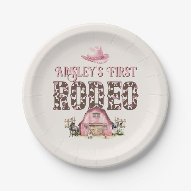 First Rodeo Cute Pink Personalised 1st Birthday Paper Plate (Front)