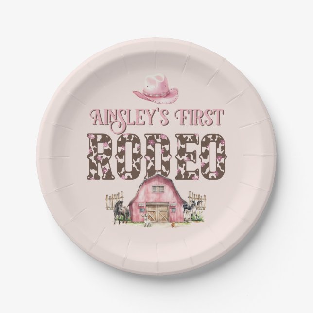 First Rodeo Cute Pink Personalised 1st Birthday Paper Plate (Front)