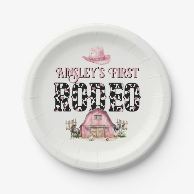 First Rodeo Cute Pink Personalised 1st Birthday Paper Plate (Front)