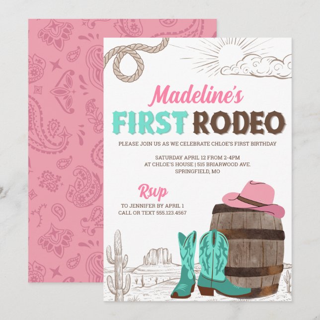 First Rodeo Girls Western First Birthday Invitation (Front/Back)