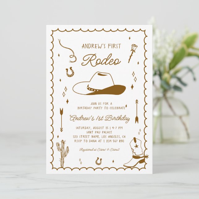 First Rodeo Hand Drawn West Western 1st Birthday Invitation (Standing Front)
