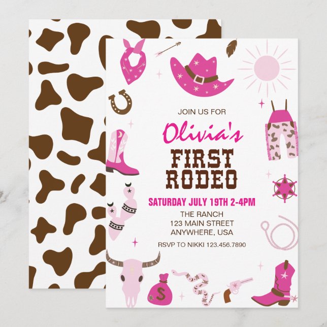 First Rodeo Hot Pink Western 1st Birthday Invitation (Front/Back)