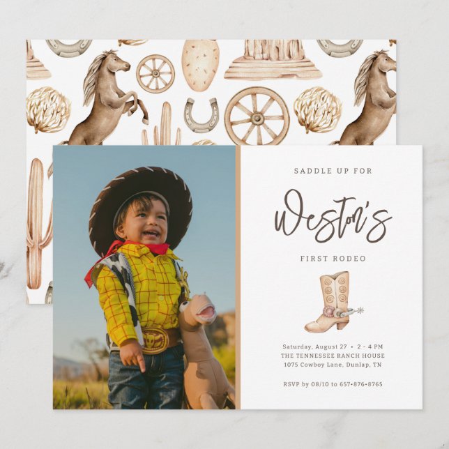 First Rodeo Neutral Southern Cowboy Birthday Invit Invitation (Front/Back)