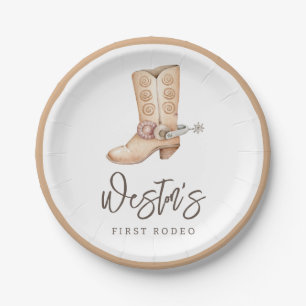First Rodeo Neutral Southern Cowboy Birthday Paper Plate