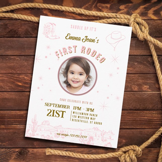 First Rodeo Pink Cowgirl First Birthday Invitation Postcard (First Rodeo Pink Cowgirl First Birthday Invitation Postcard)