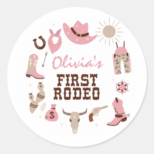 First Rodeo Pink Western Cowboy 1st Birthday Classic Round Sticker (Front)