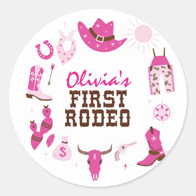 First Rodeo Pink Western Cowboy 1st Birthday Classic Round Sticker (Front)