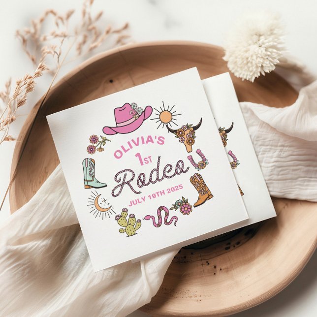First Rodeo Pink Western Cowboy 1st Birthday Napkin (Creator Uploaded)