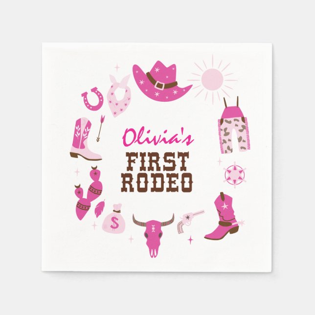 First Rodeo Pink Western Cowboy 1st Birthday Napkin (Front)