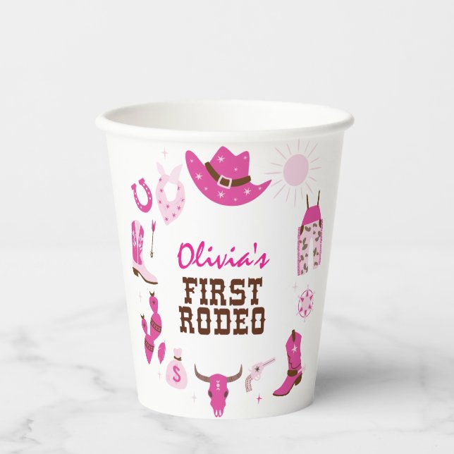 First Rodeo Pink Western Cowboy 1st Birthday Paper Cups (Front)
