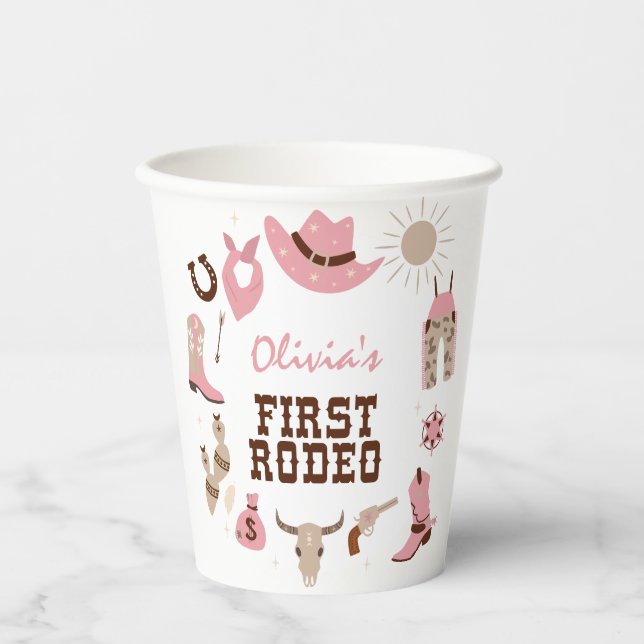 First Rodeo Pink Western Cowboy 1st Birthday Paper Cups (Front)