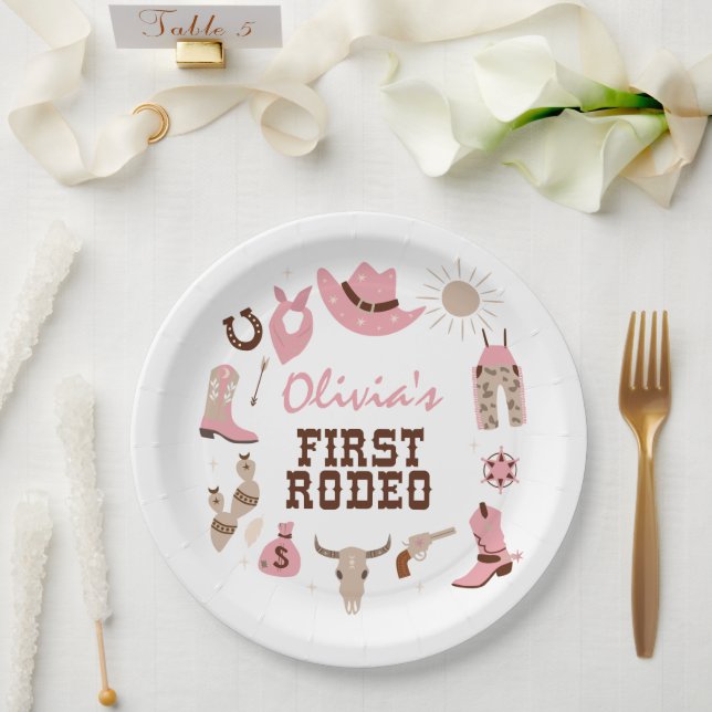 First Rodeo Pink Western Cowboy 1st Birthday Paper Plate (Wedding)
