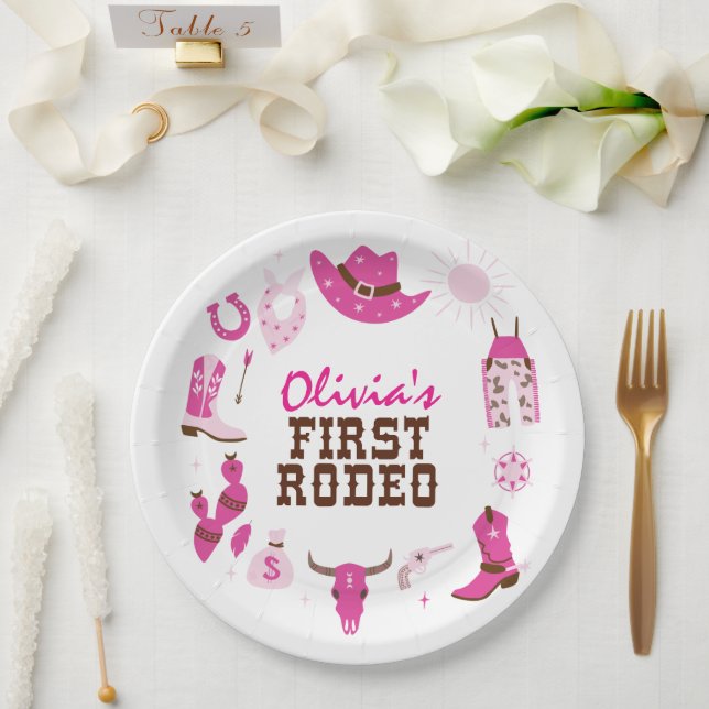 First Rodeo Pink Western Cowboy 1st Birthday Paper Plate (Wedding)