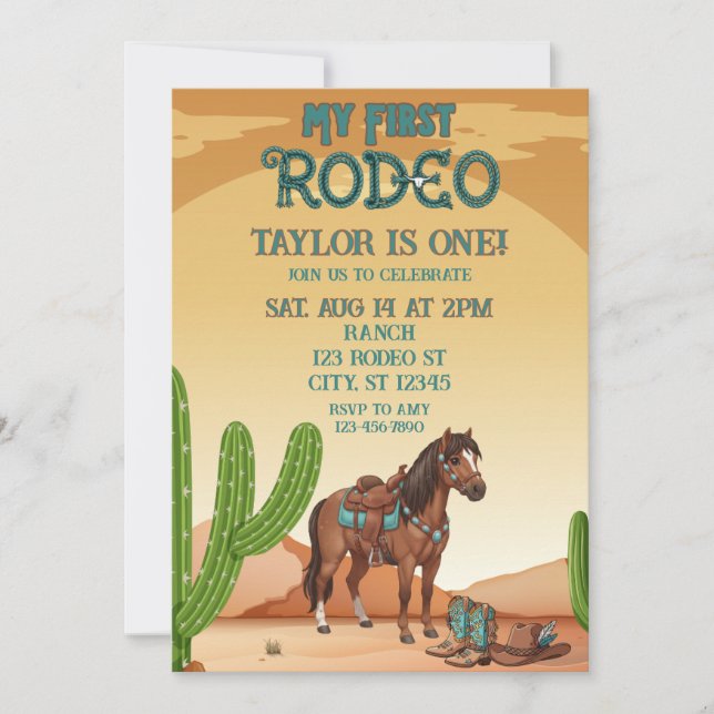 First Rodeo, Turquoise, Horse, 1st Birthday Invitation (Front)