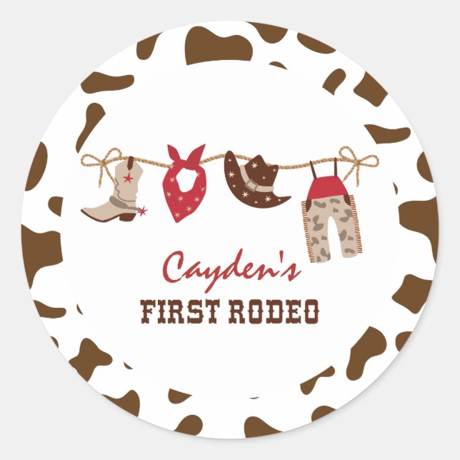 First Rodeo Western Cowboy 1st Birthday Classic Round Sticker (Front)