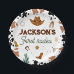 First Rodeo Western Cowboy 1st Birthday Paper Plate<br><div class="desc">Saddle up! Ready for a cowboy rodeo birthday party? This design features cowboy-themed items such as a cowboy hat, horseshoe, cacti, skull, and a cowhide or cow print pattern. All text is editable on this neutral-toned cowboy-themed birthday invite! The design is gender-neutral, suitable for boys or girls, and fully customisable...</div>