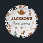 First Rodeo Western Cowboy 1st Birthday Paper Plate<br><div class="desc">Saddle up! Ready for a cowboy rodeo birthday party? This design features cowboy-themed items such as a cowboy hat, horseshoe, cacti, skull, and a cowhide or cow print pattern. All text is editable on this neutral-toned cowboy-themed birthday invite! The design is gender-neutral, suitable for boys or girls, and fully customisable...</div>