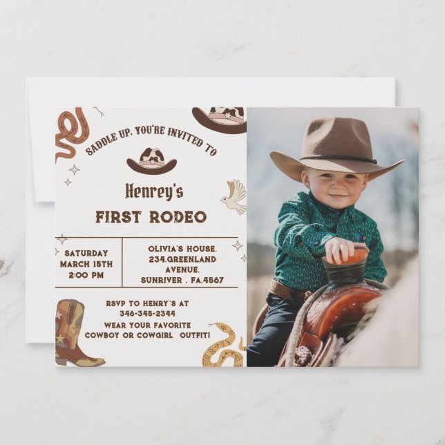 First Rodeo Western Cowboy First Birthday Photo Invitation (Front)