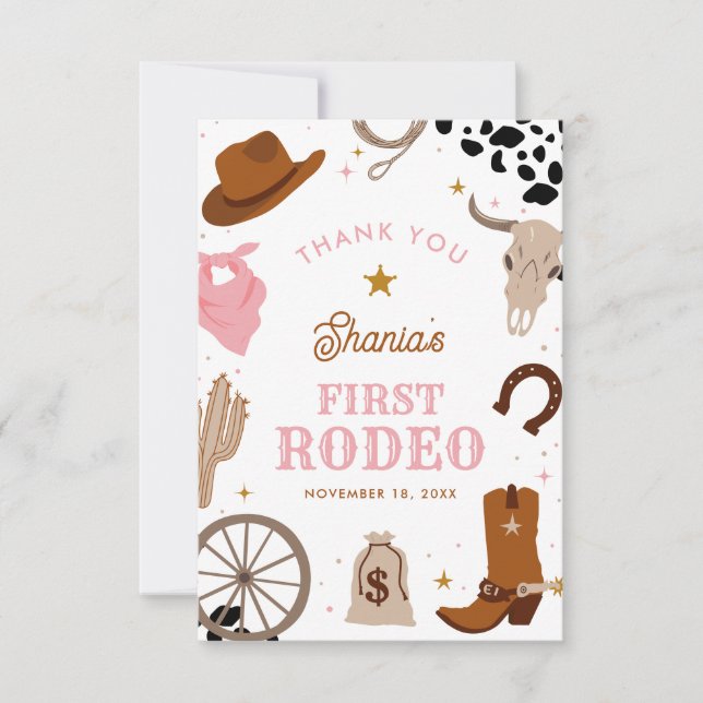 First Rodeo Western Girl 1st Birthday Thank You Card (Front)