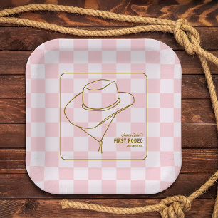 First Rodeo Western Pink Checkered 1st Birthday Paper Plate