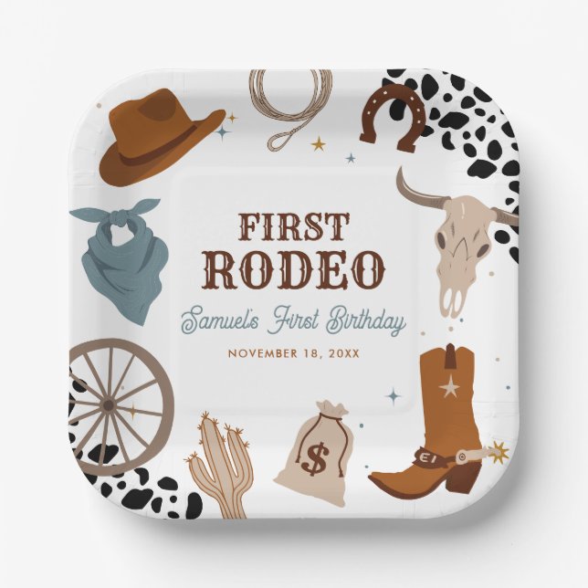 First Rodeo Western Wild West Boy First Birthday Paper Plate (Front)