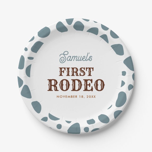 First Rodeo Wild West Blue Boy First Birthday Paper Plate (Front)