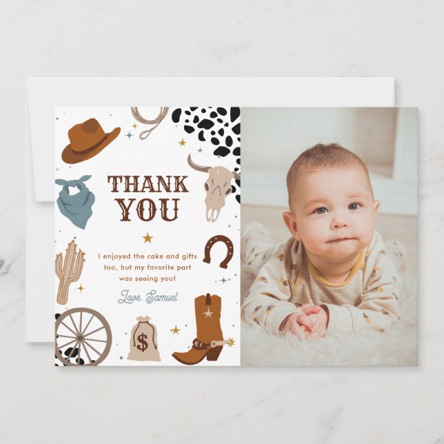 First Rodeo Wild West Boy First Birthday Photo Thank You Card (Front)