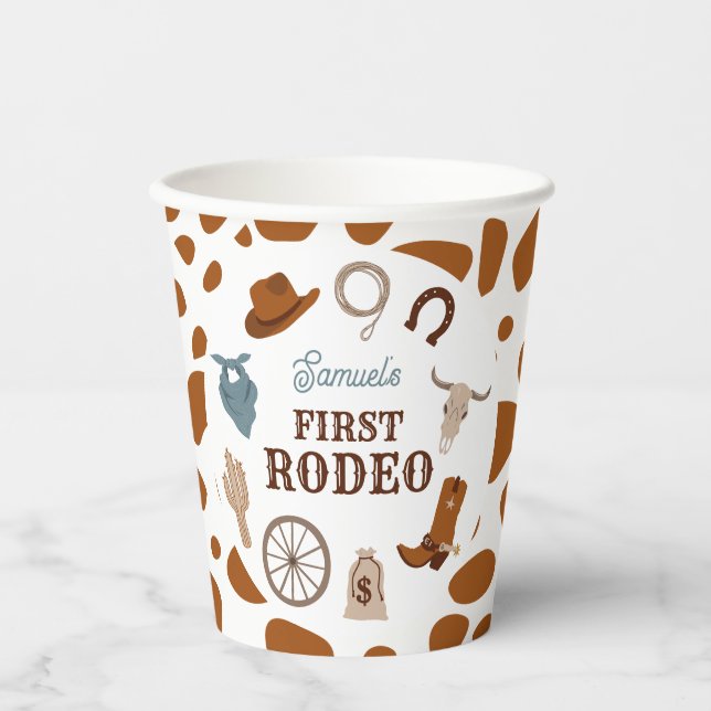 First Rodeo Wild West Brown Boy First Birthday Paper Cups (Front)