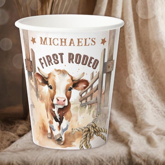 First RODEO | Wild West Bull Cowboy 1st Birthday Paper Cups (Creator Uploaded)
