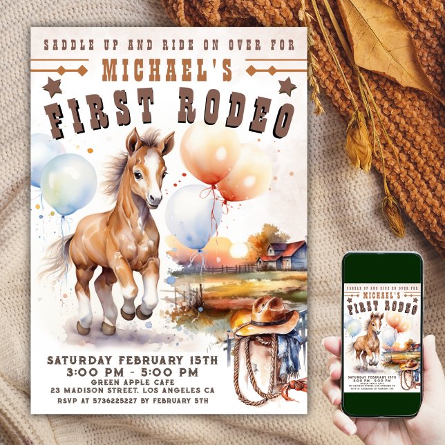 First RODEO | Wild West Cowboy 1st Birthday Boy  Invitation (#FirstRodeoBirthdayInvitation #MyFirstRodeoBirthdayInvitation #RodeoBirthdayInvitation)