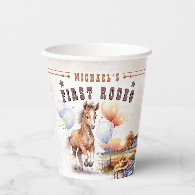 First RODEO | Wild West Cowboy 1st Birthday Boy Paper Cups (Front)