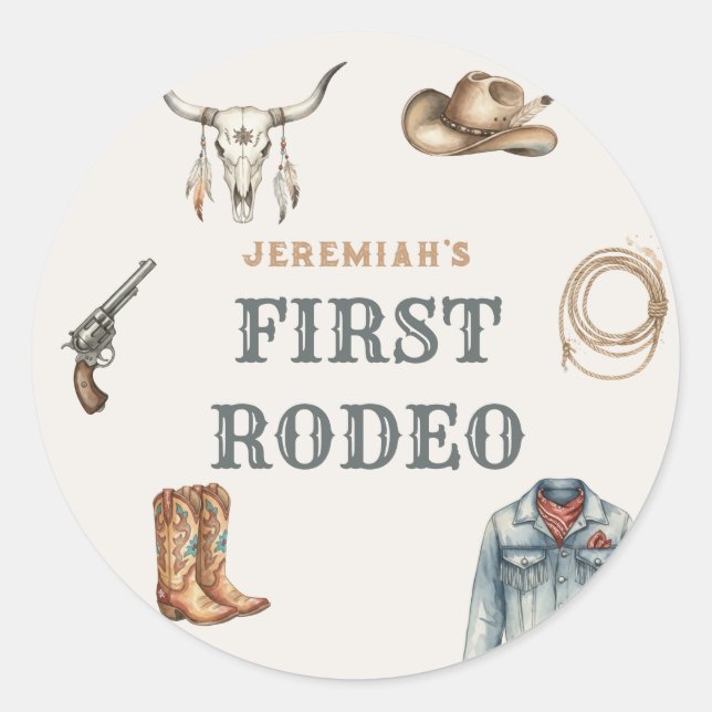First Rodeo Wild West Cowboy Blue Birthday Classic Round Sticker (Front)
