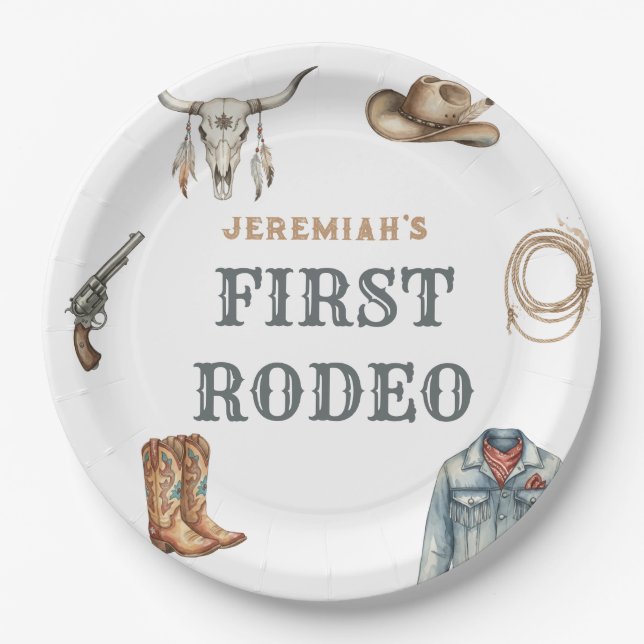 First Rodeo Wild West Cowboy Blue Birthday Paper Plate (Front)
