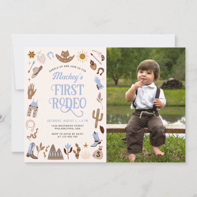 First Rodeo Wild West Cowboy Blue Birthday Photo Invitation (Front)