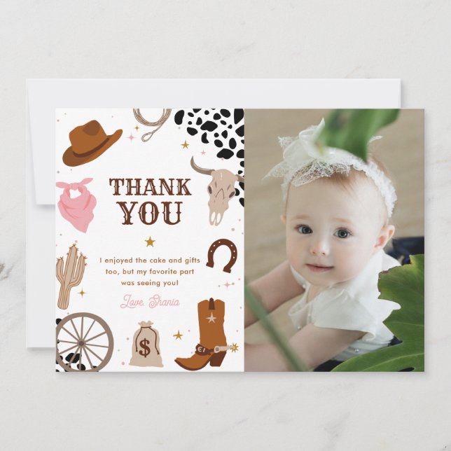 First Rodeo Wild West Girl First Birthday Photo Thank You Card (Front)