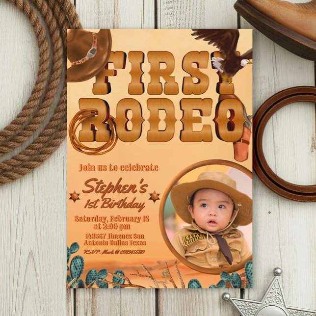 First Rodeo with Photo Invitation (First Rodeo -  Boy 1st Birthday Cowboy Invitation with Picture)