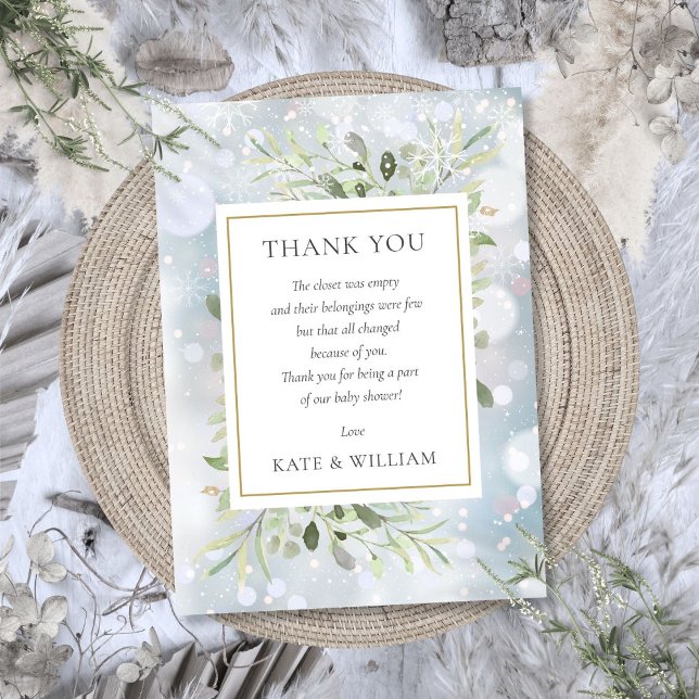 First Snowflakes Baby Shower Poem Leaves Greenery Thank You Card (First Snowflakes Baby Shower Poem Leaves Greenery Thank You Card)