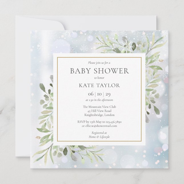 First Snowflakes Greenery Baby Shower | Sprinkle Invitation (Front)
