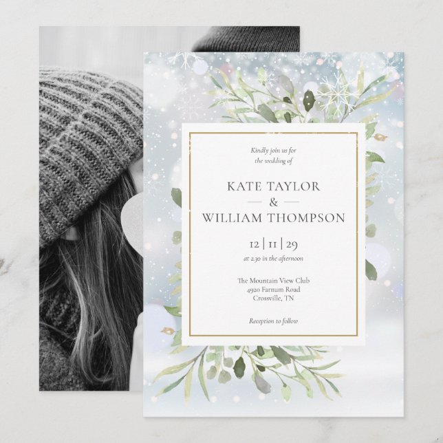 First Snowflakes Greenery Winter Wedding Photo Invitation (Front/Back)
